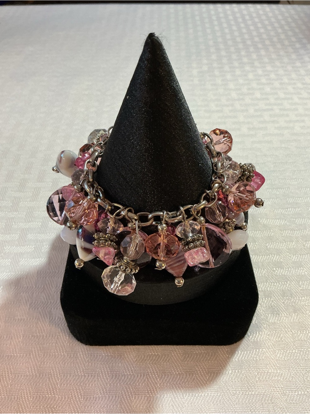 Pink & Purple Romantic Glass Heart Silver Tone Heart Bracelet